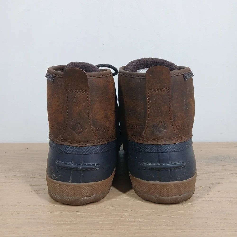Sperry Duck Boots Mens 9.5 Brown Navy Leather Waterproof Lace Up Winter Boots